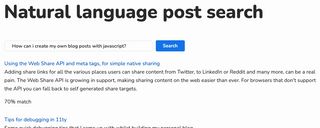 Demo application showing search results for Natural language search of blog posts